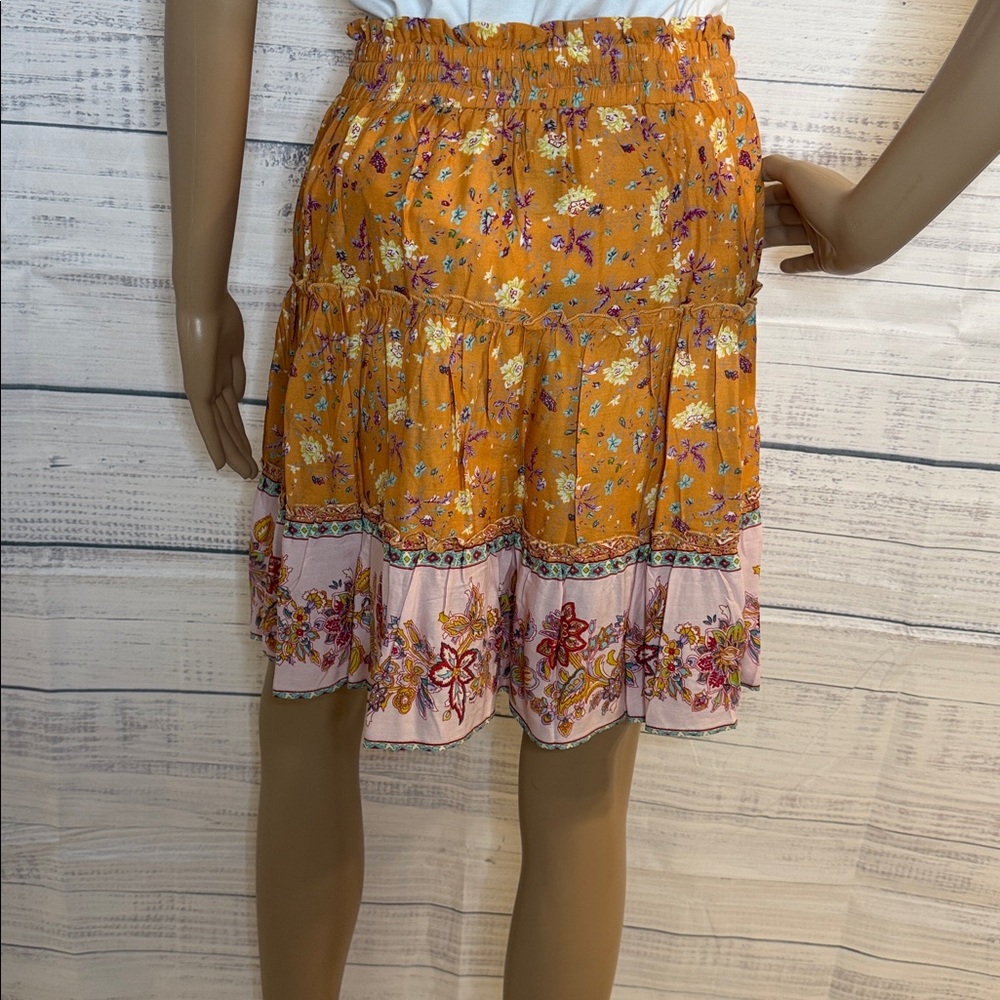 NWOT Boho Floral Tiered Skirt in Mustard and Pink - Picture 4 of 6